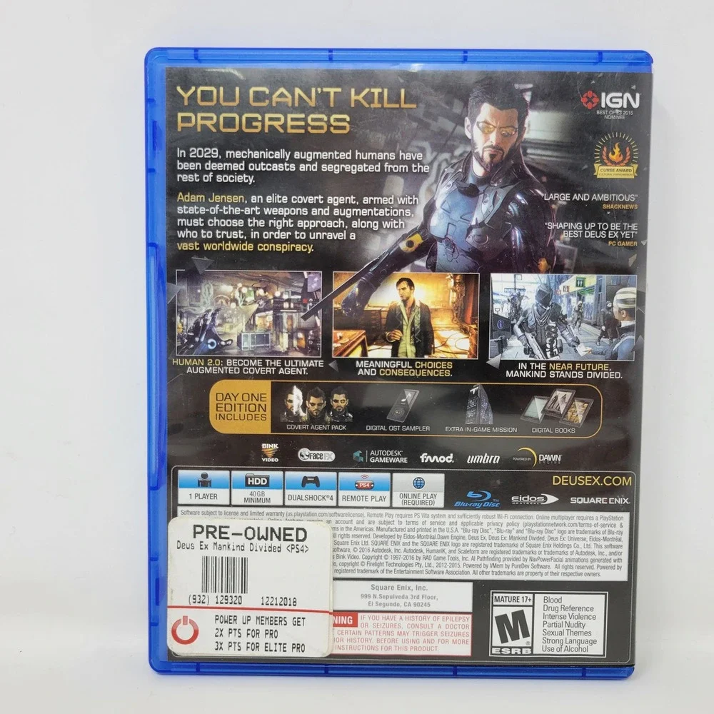Deus Ex Mankind Divided Day One Edition Sony PlayStation 4 PS4 Action RPG Game